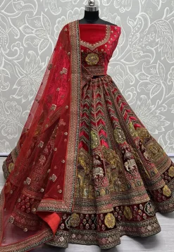 Embroidered Velvet Lehenga in Red