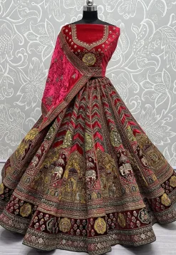 Embroidered Velvet Lehenga in Red