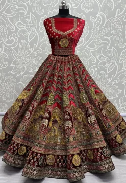 Embroidered Velvet Lehenga in Red