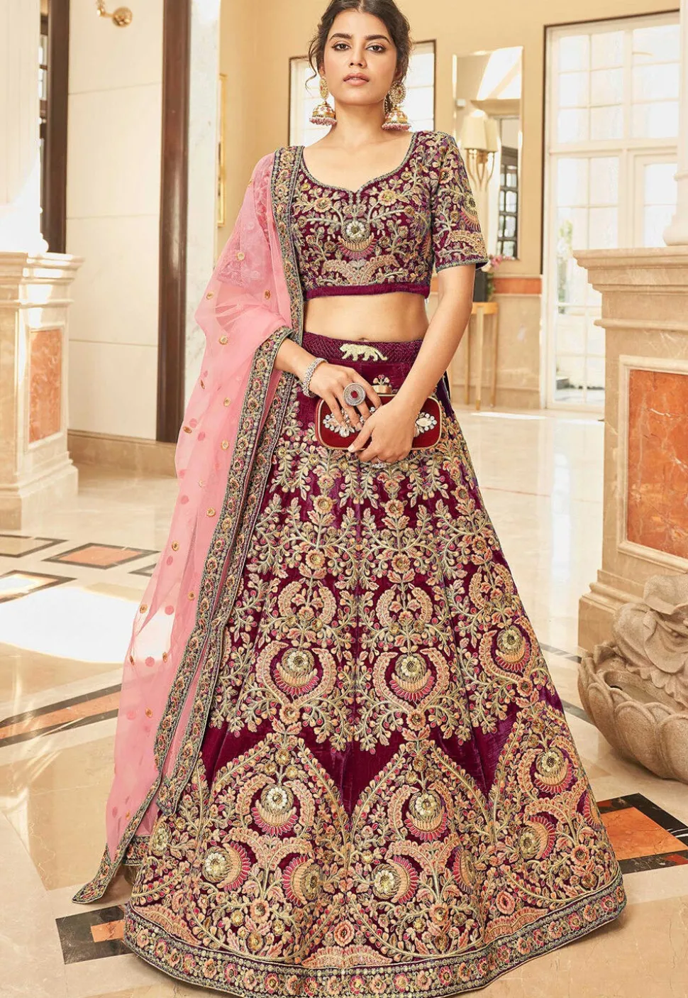 Embroidered Velvet Lehenga in Maroon