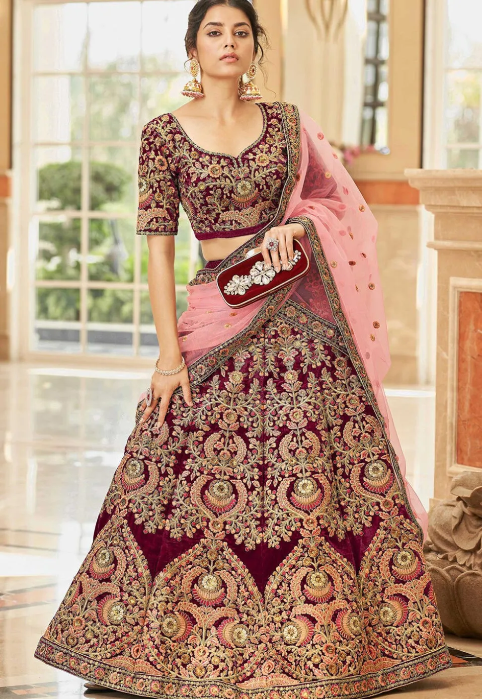 Embroidered Velvet Lehenga in Maroon