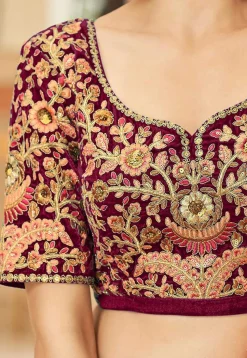 Embroidered Velvet Lehenga in Maroon