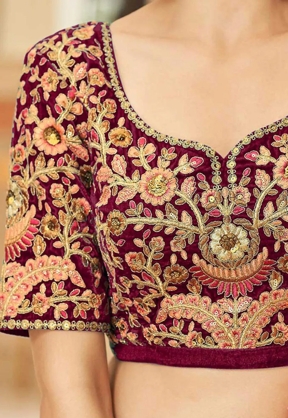 Embroidered Velvet Lehenga in Maroon