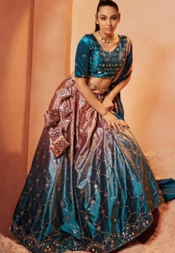 Embroidered Velvet Lehenga in Shaded Peach and Teal Blue