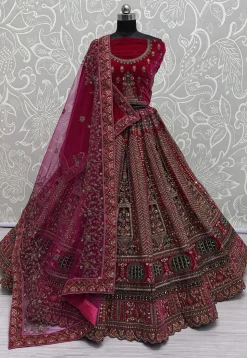 Embroidered Velvet Lehenga in Fuchsia