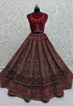 Embroidered Velvet Lehenga in Fuchsia