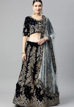 Embroidered Velvet Lehenga in Black