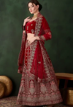 Embroidered Velvet Lehenga in Maroon