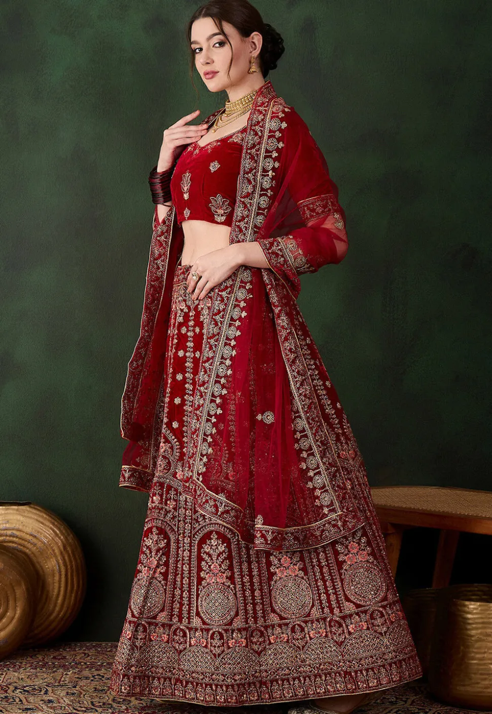 Embroidered Velvet Lehenga in Maroon