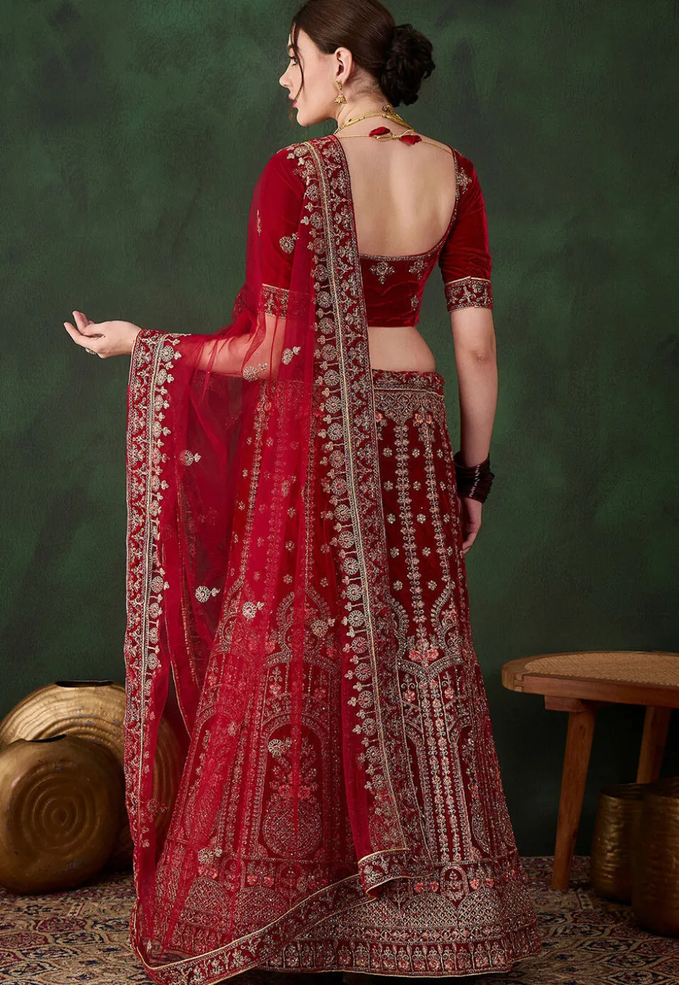 Embroidered Velvet Lehenga in Maroon