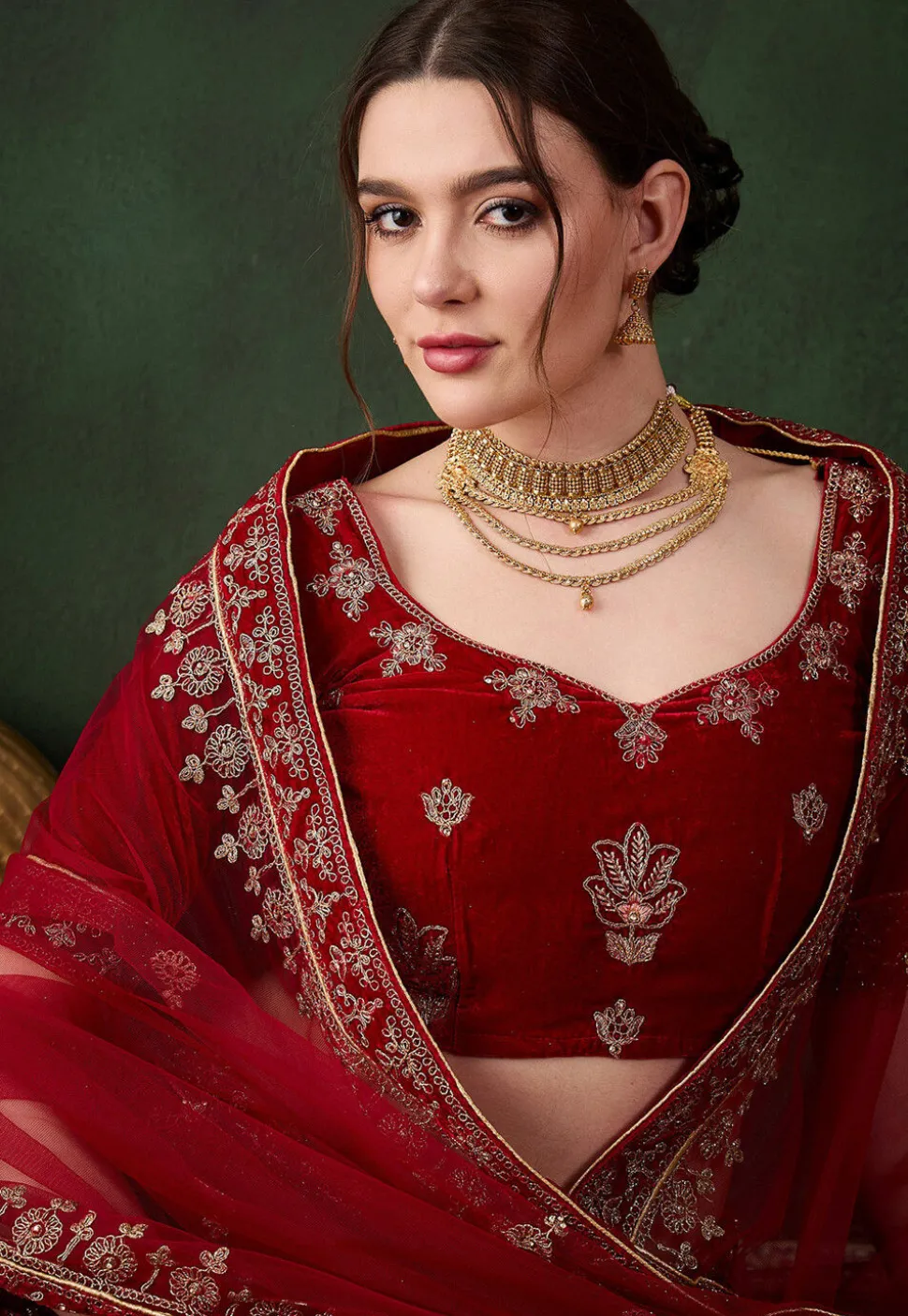 Embroidered Velvet Lehenga in Maroon