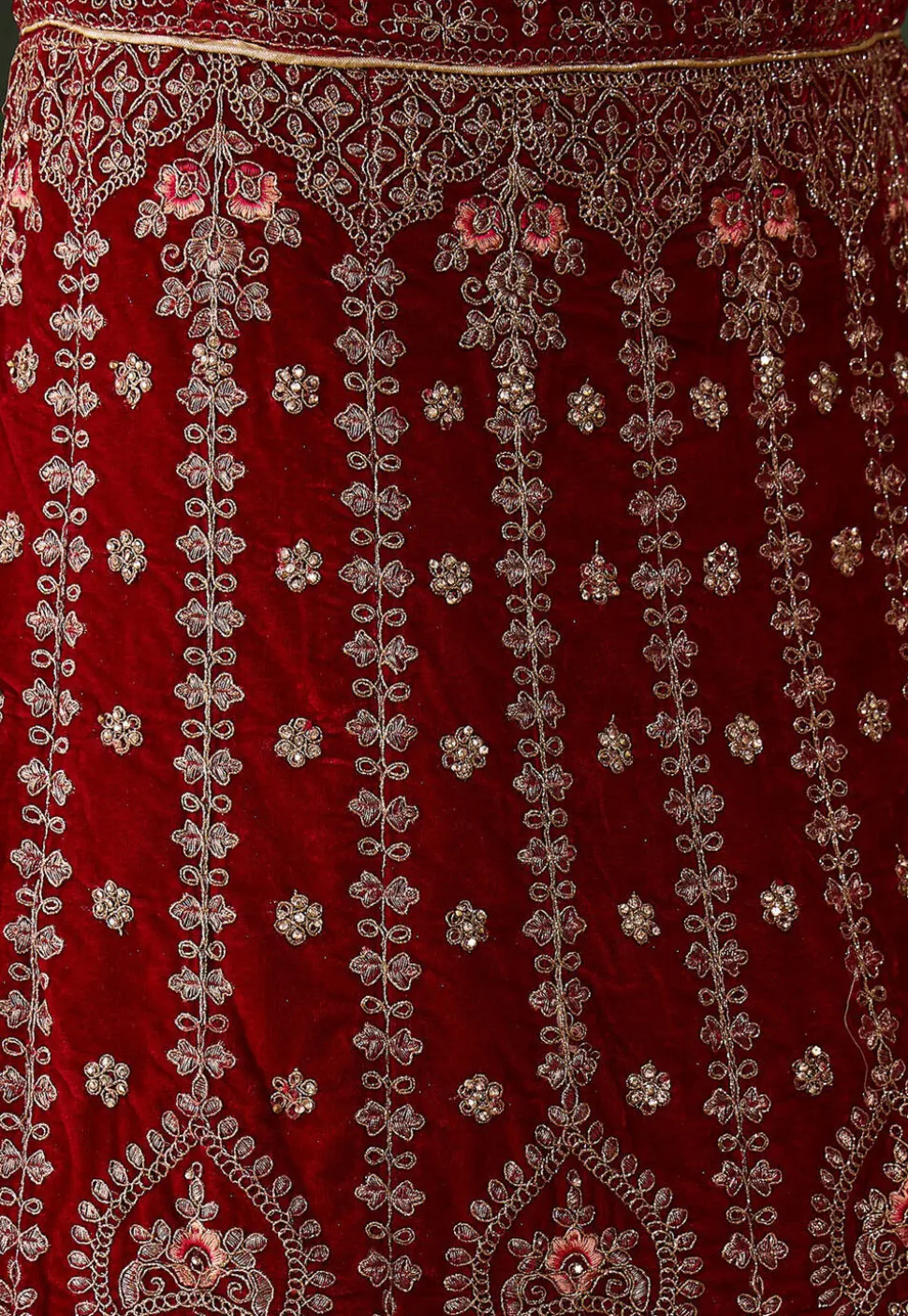 Embroidered Velvet Lehenga in Maroon