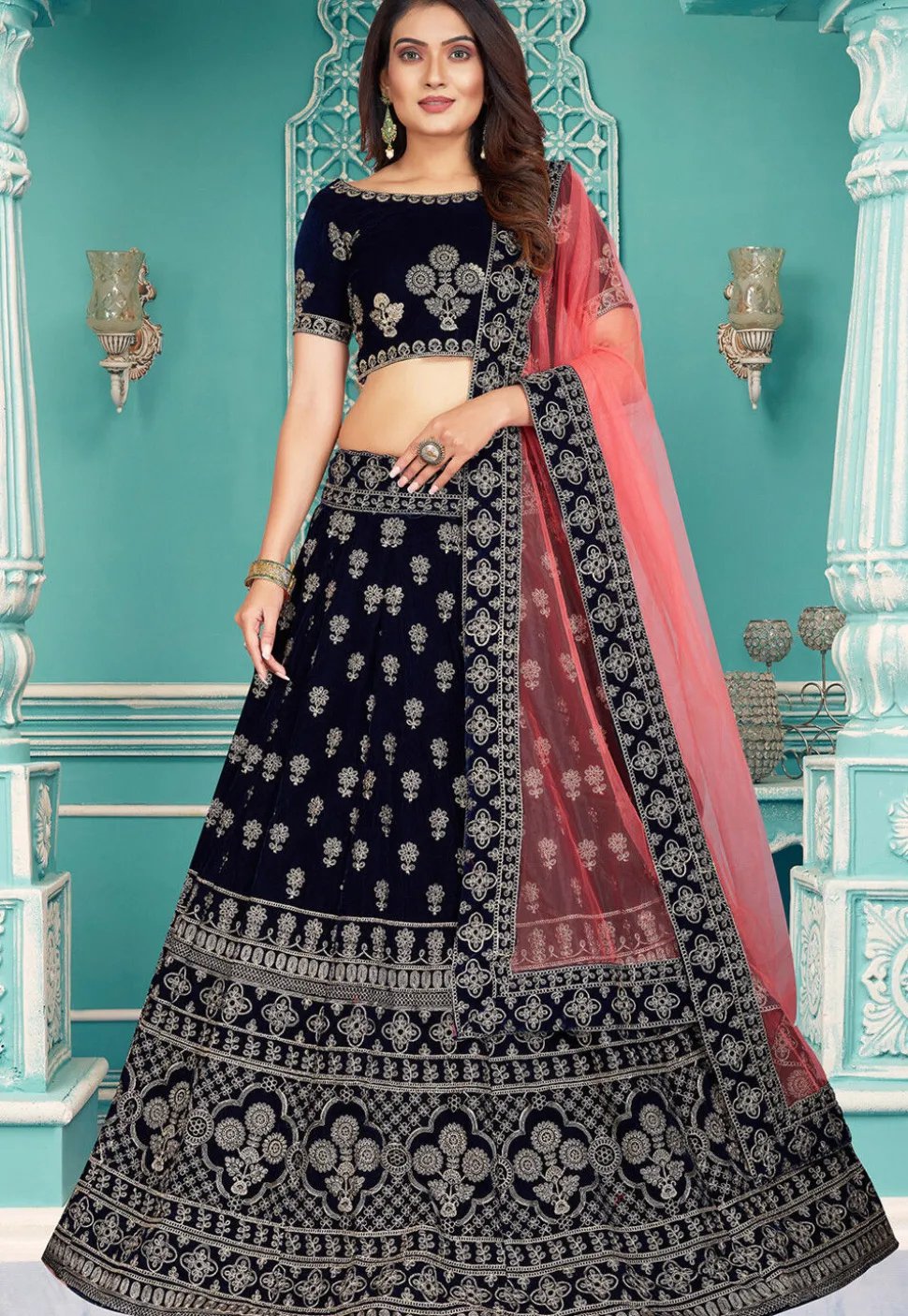 Embroidered Velvet Lehenga in Black