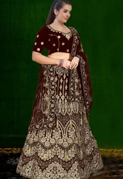 Embroidered Velvet Lehenga in Maroon
