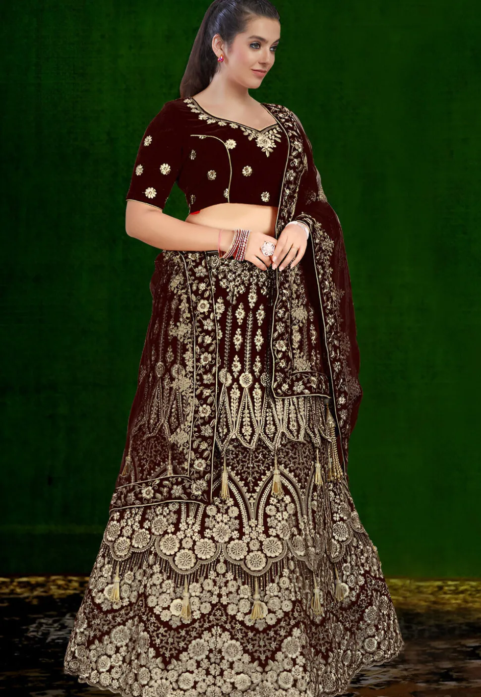 Embroidered Velvet Lehenga in Maroon