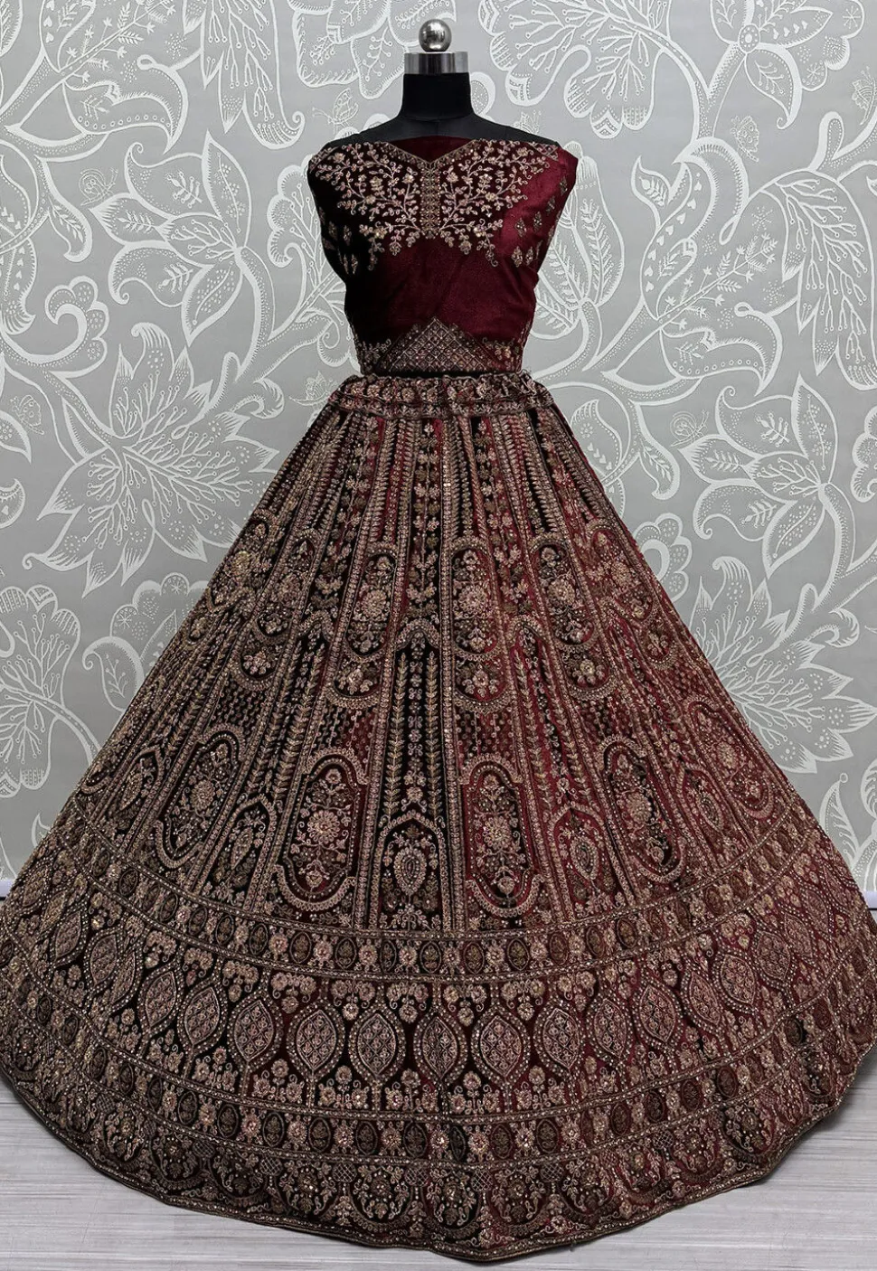 Embroidered Velvet Lehenga in Maroon