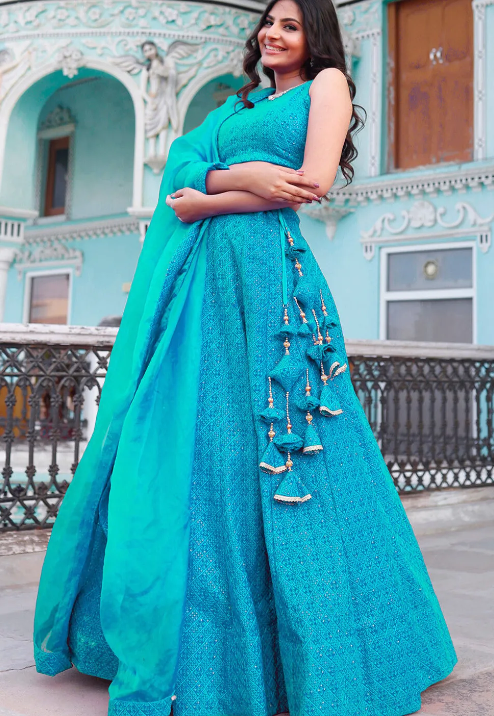 Embroidered Velvet Lehenga in Turquoise