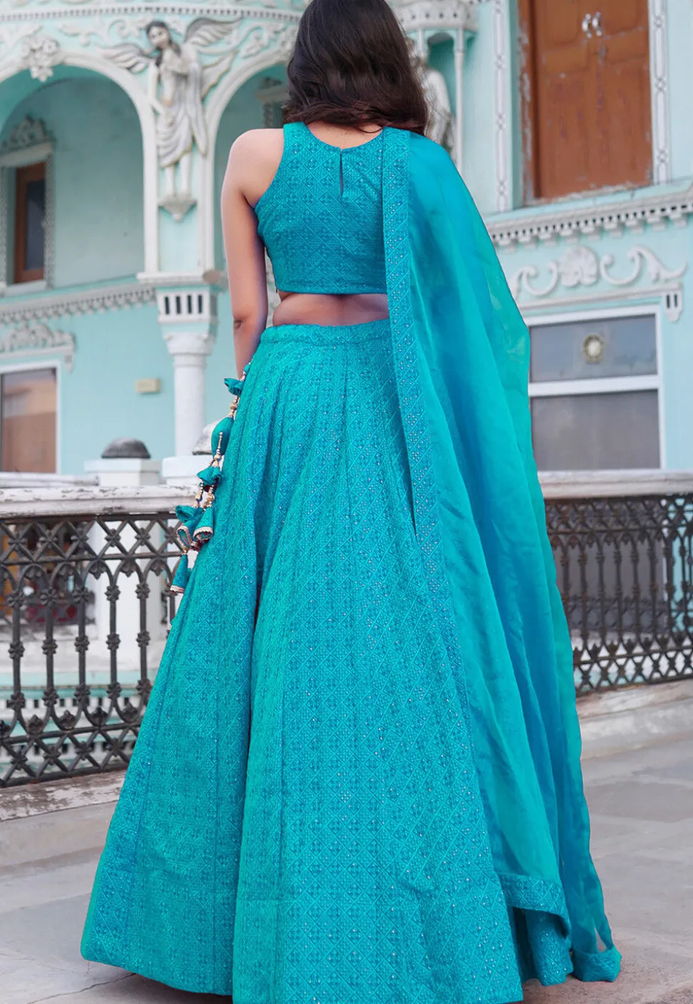 Embroidered Velvet Lehenga in Turquoise