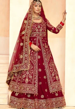 Embroidered Velvet Lehenga in Maroon