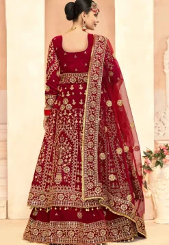 Embroidered Velvet Lehenga in Maroon