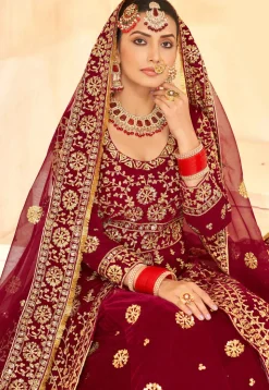 Embroidered Velvet Lehenga in Maroon