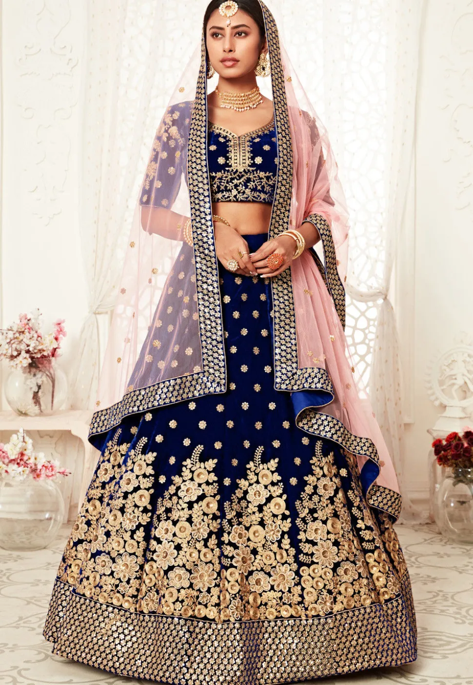 Embroidered Velvet Lehenga in Navy Blue