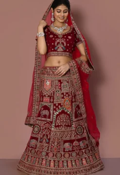 Embroidered Velvet Lehenga in Maroon