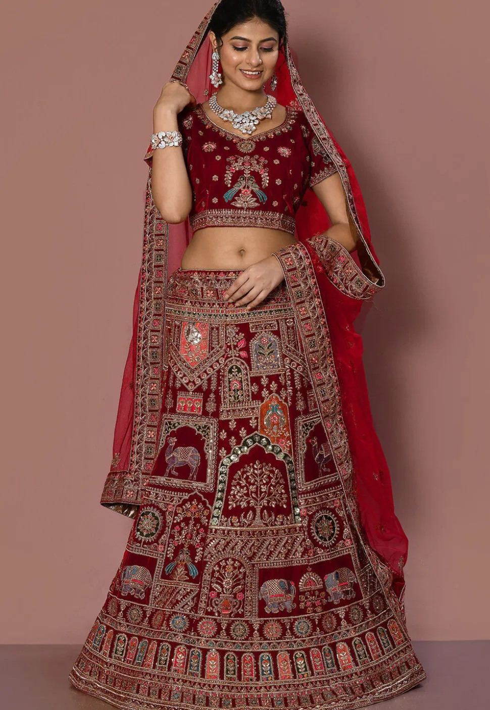 Embroidered Velvet Lehenga in Maroon