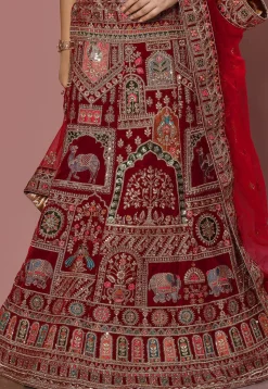 Embroidered Velvet Lehenga in Maroon