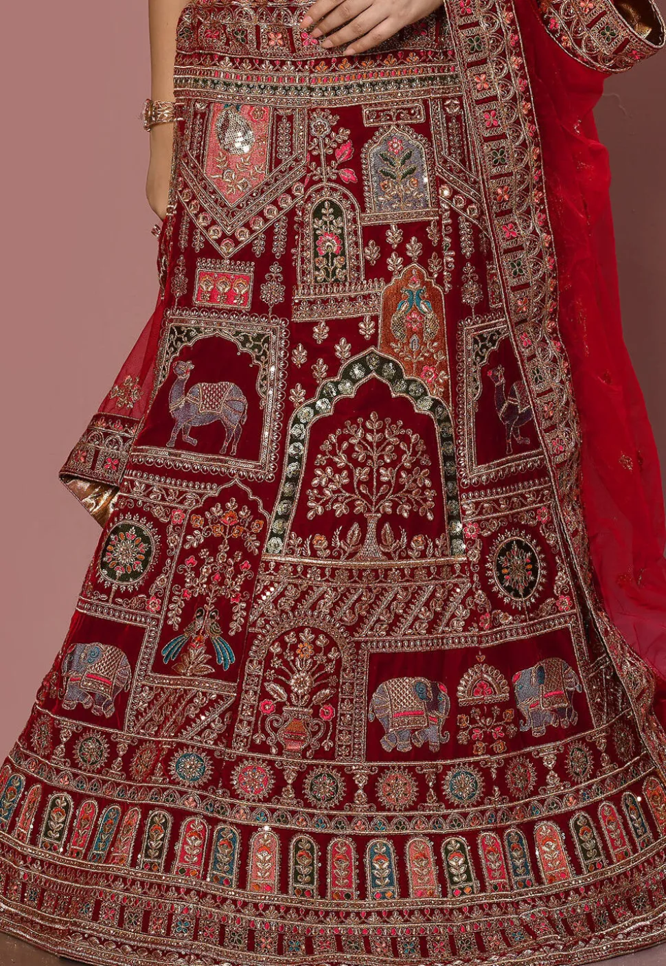 Embroidered Velvet Lehenga in Maroon