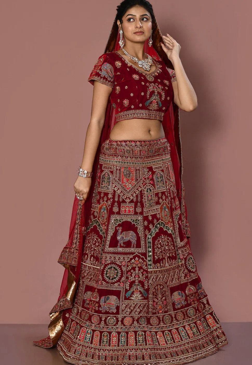 Embroidered Velvet Lehenga in Maroon