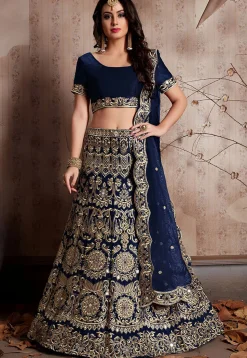 Embroidered Velvet Lehenga in Navy Blue