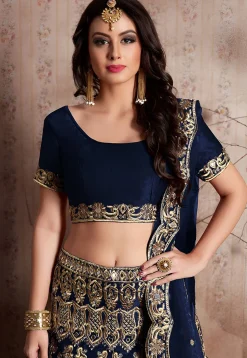 Embroidered Velvet Lehenga in Navy Blue