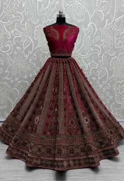 Embroidered Velvet Lehenga in Fuchsia
