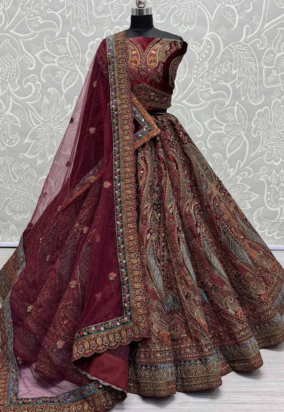 Embroidered Velvet Lehenga in Maroon