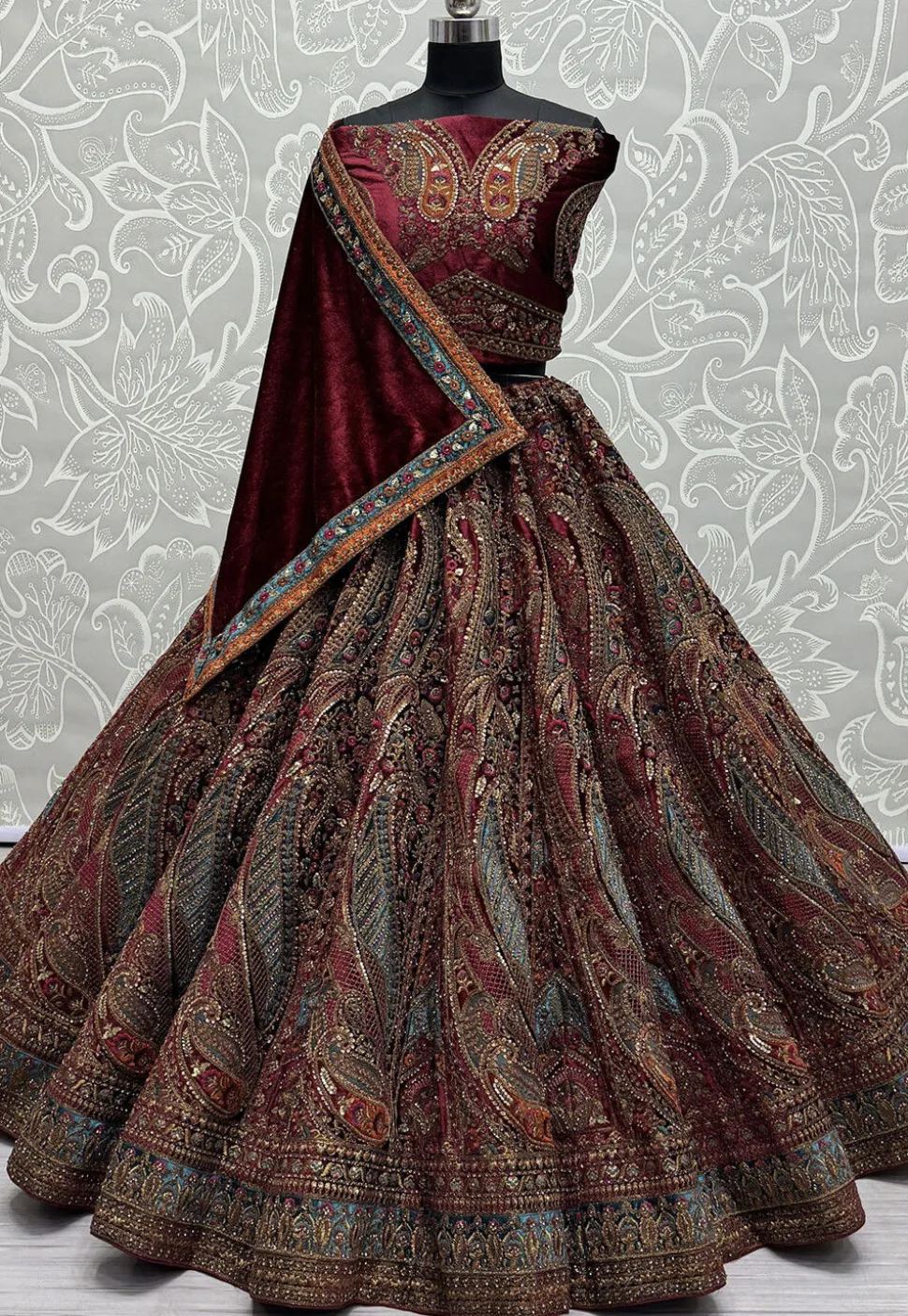 Embroidered Velvet Lehenga in Maroon