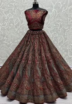 Embroidered Velvet Lehenga in Maroon