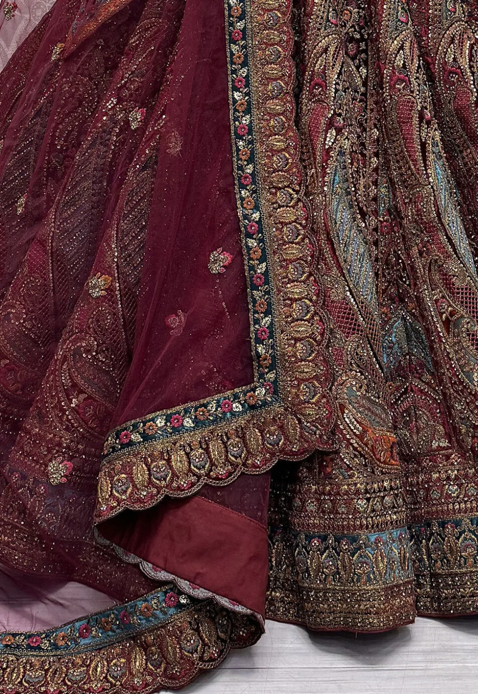 Embroidered Velvet Lehenga in Maroon