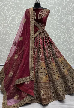 Embroidered Velvet Lehenga in Magenta