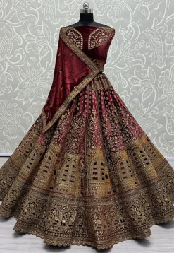 Embroidered Velvet Lehenga in Magenta