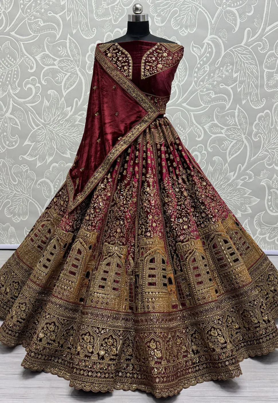 Embroidered Velvet Lehenga in Magenta