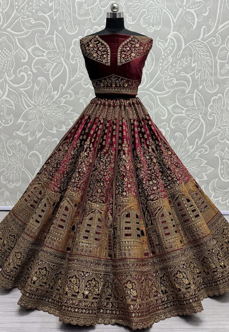 Embroidered Velvet Lehenga in Magenta