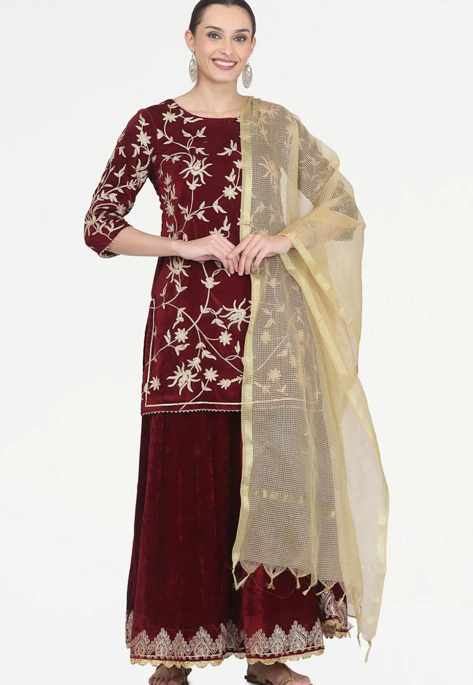Embroidered Velvet Lehenga in Maroon
