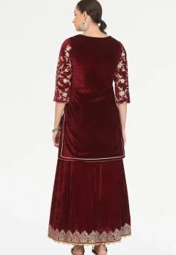 Embroidered Velvet Lehenga in Maroon