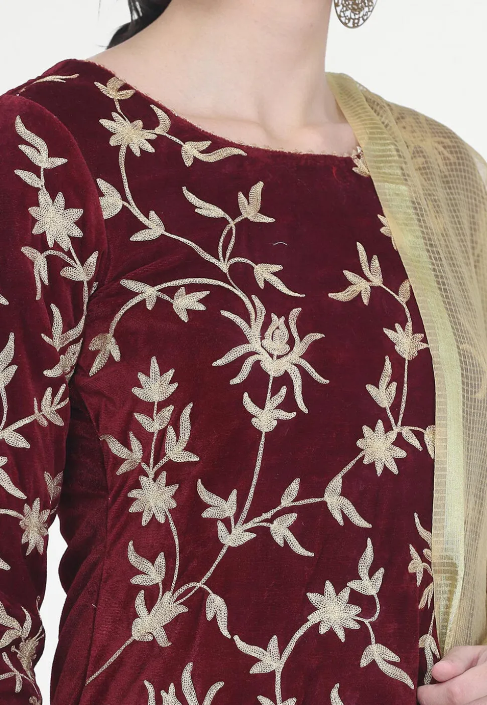 Embroidered Velvet Lehenga in Maroon