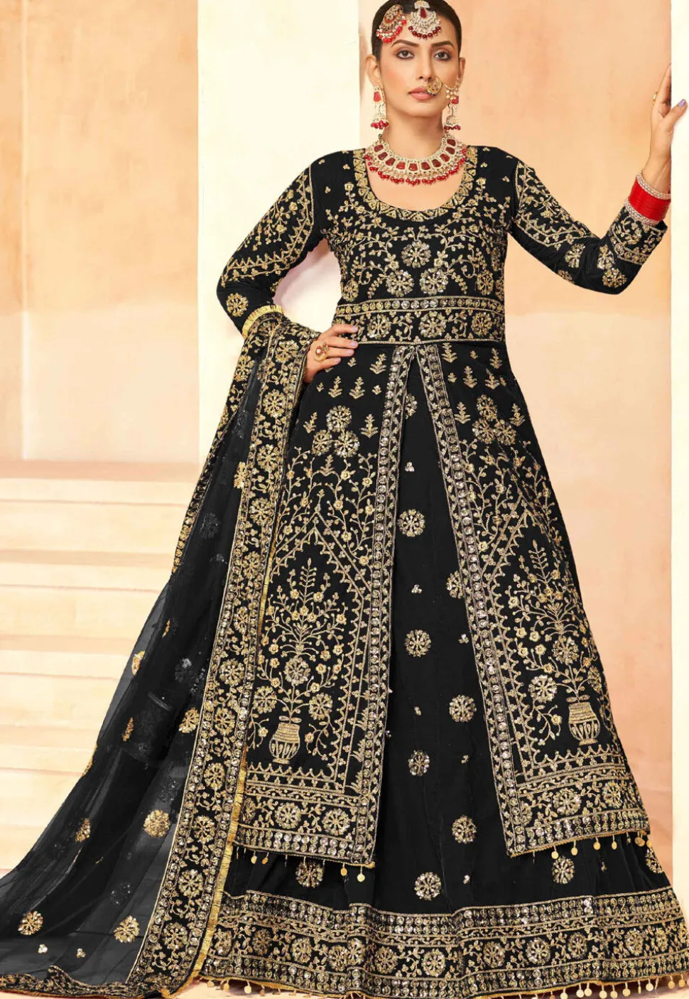 Embroidered Velvet Lehenga in Black