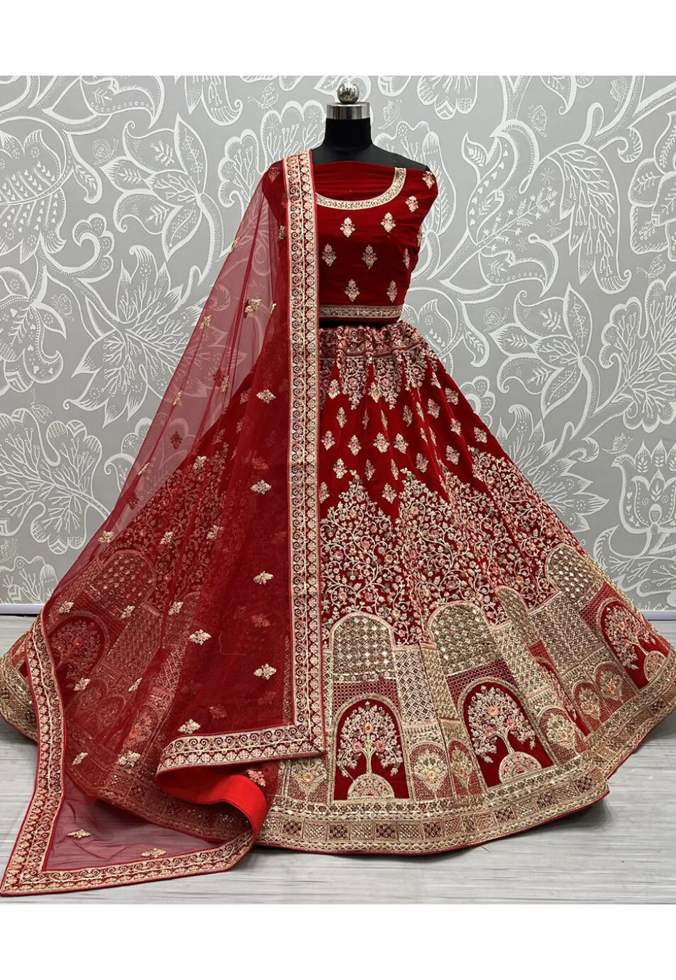 Embroidered Velvet Lehenga in Red