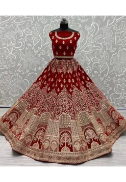 Embroidered Velvet Lehenga in Red