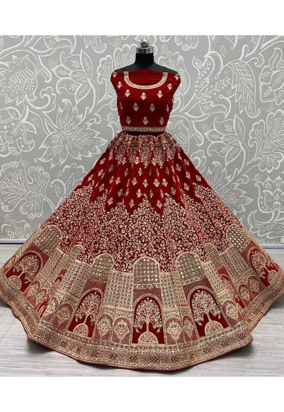 Embroidered Velvet Lehenga in Red