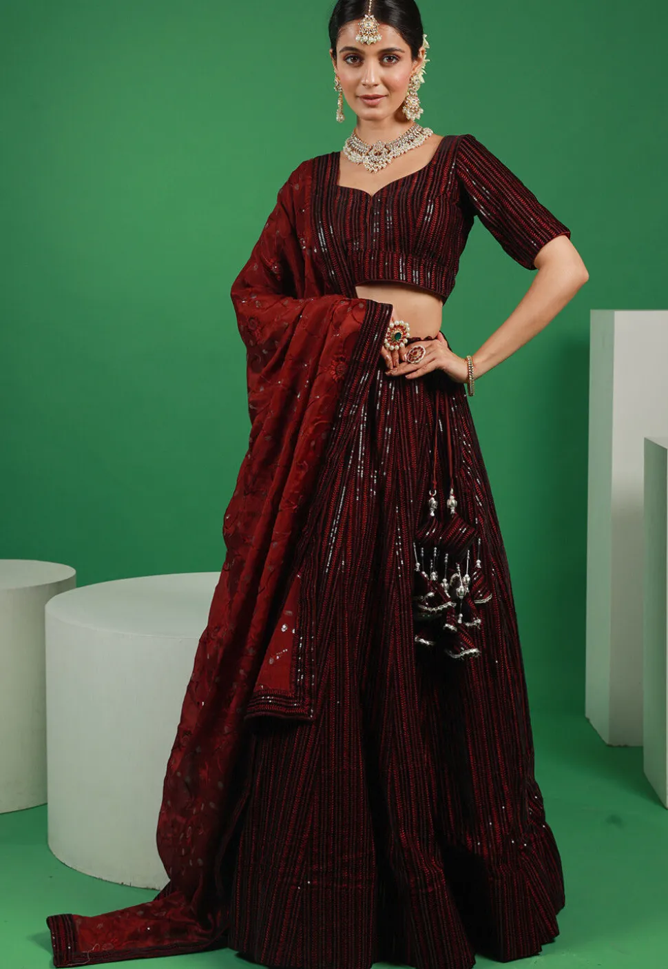 Embroidered Velvet Lehenga in Maroon